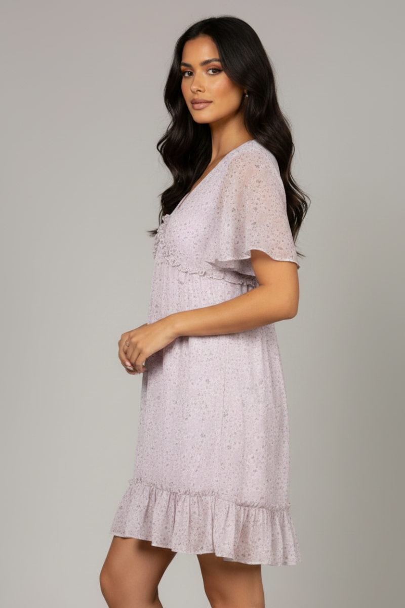 CHIFFON FLORAL BELL SLEEVES RUFFLED MINI DRESS SD63921 *
