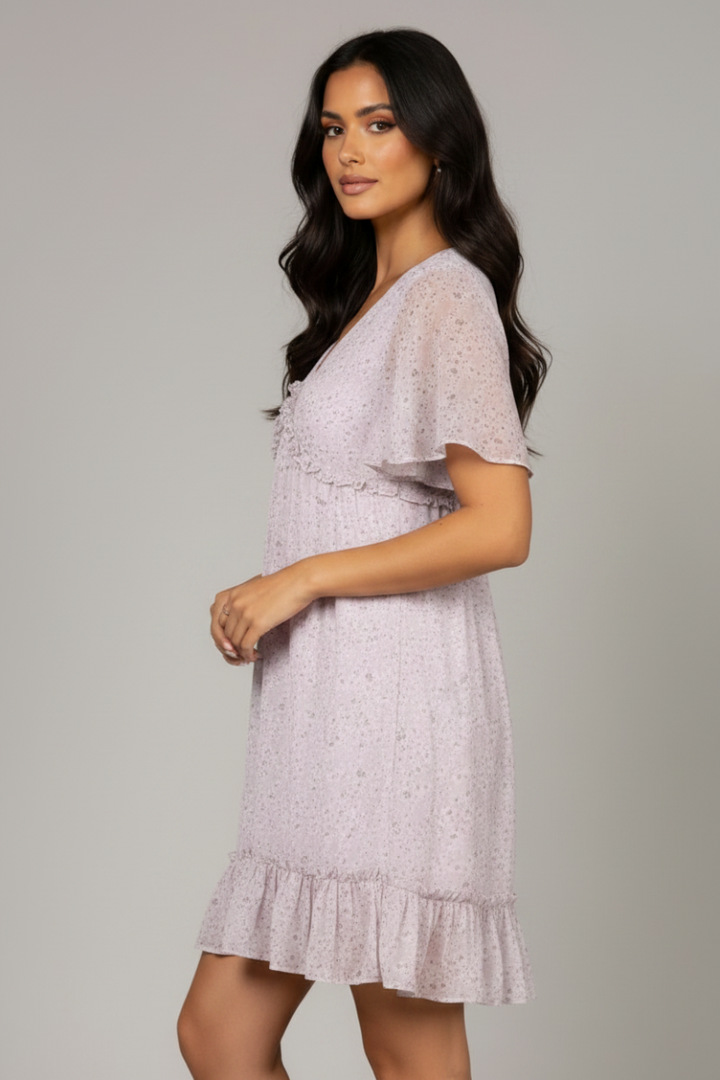 CHIFFON FLORAL BELL SLEEVES RUFFLED MINI DRESS SD63921 *