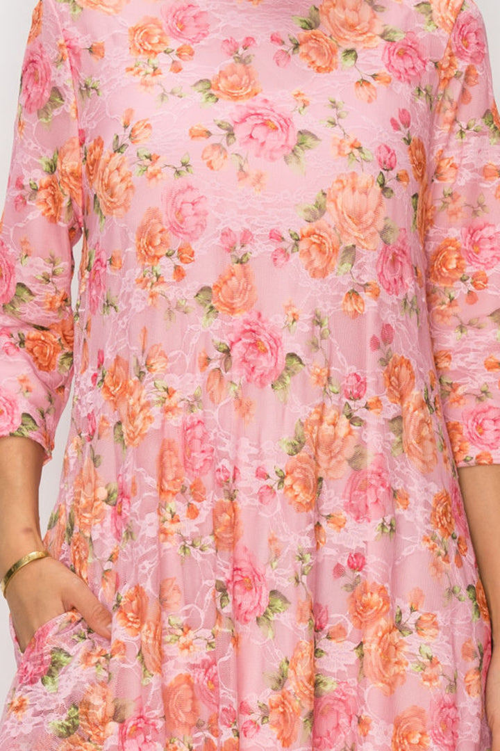 FLORAL LACE, DESIGNED WITH A MODEST ROUND NECK MIDI DRESS