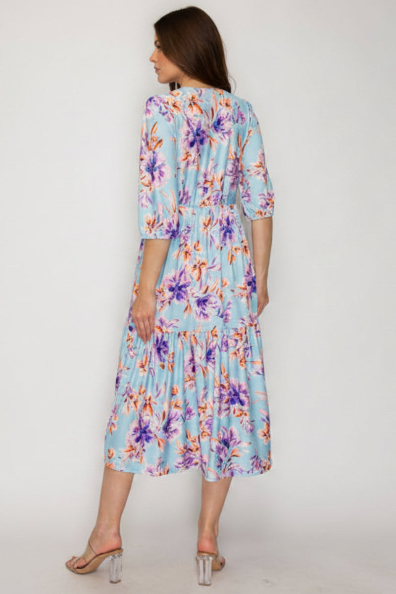 FLORAL ELASTIC CUFF 3/4 SLEEVES TIERED MIDI DRESS-SHVL6094-B