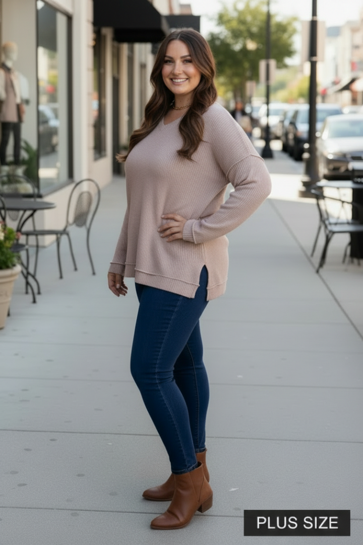 CHARCOAL RIBBED KNIT LONG SLEEVES PLUS SIZE TOP M5044P