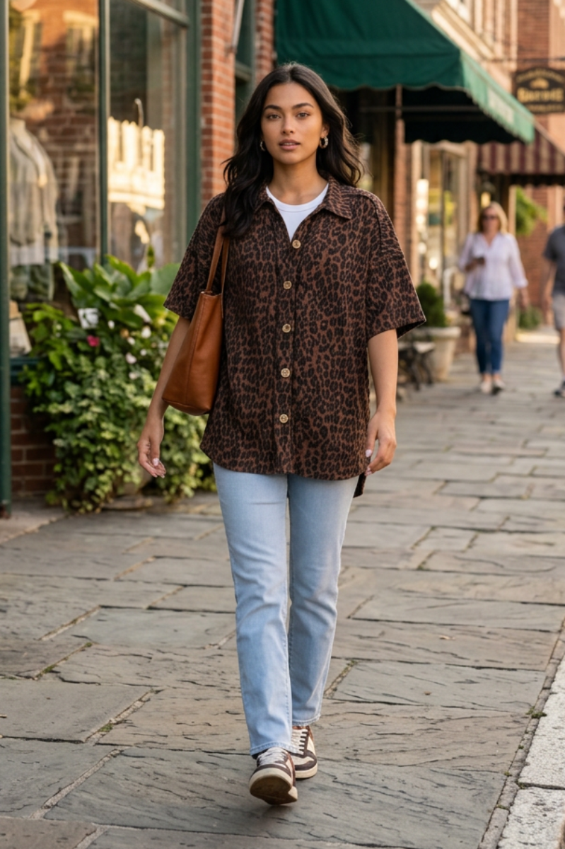 LEOPARD PRINT BUTTON DOWN TEXTURED COLLARED TOP HMET8040-11
