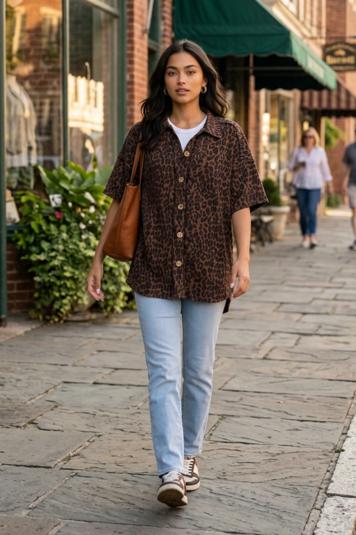 LEOPARD PRINT BUTTON DOWN TEXTURED COLLARED TOP HMET8040-11