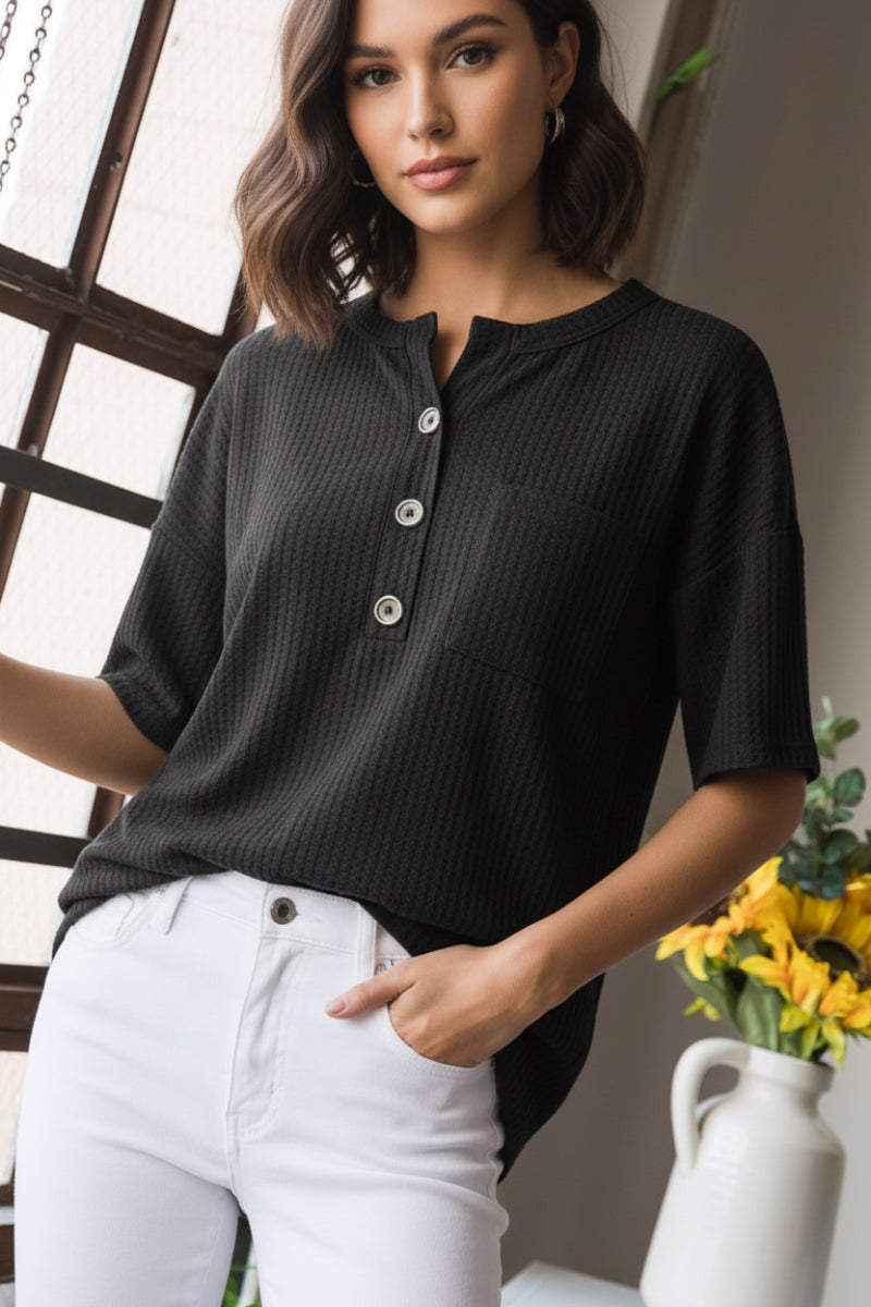 SHORT SLEEVE SPLIT ROUND NECK SOLID WAFFLE TOP*