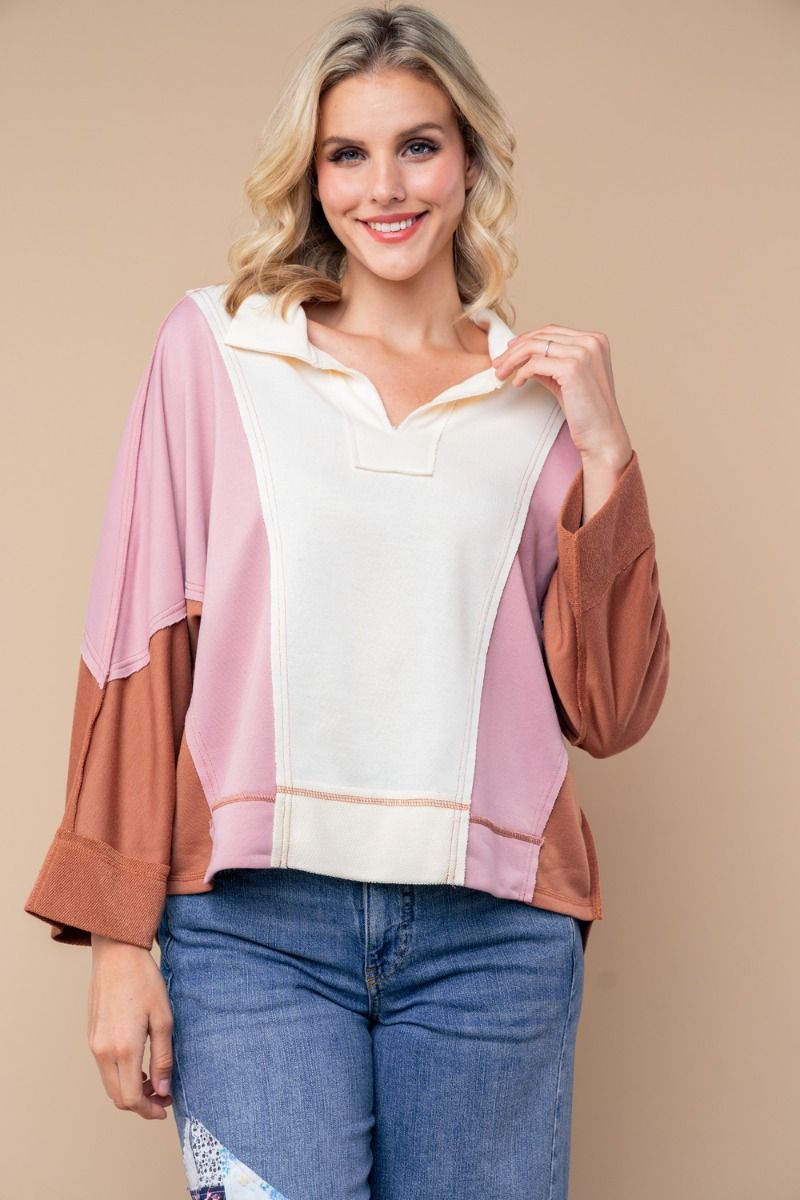 COLOR BLOCKED LOOSE FIT KNIT TOP