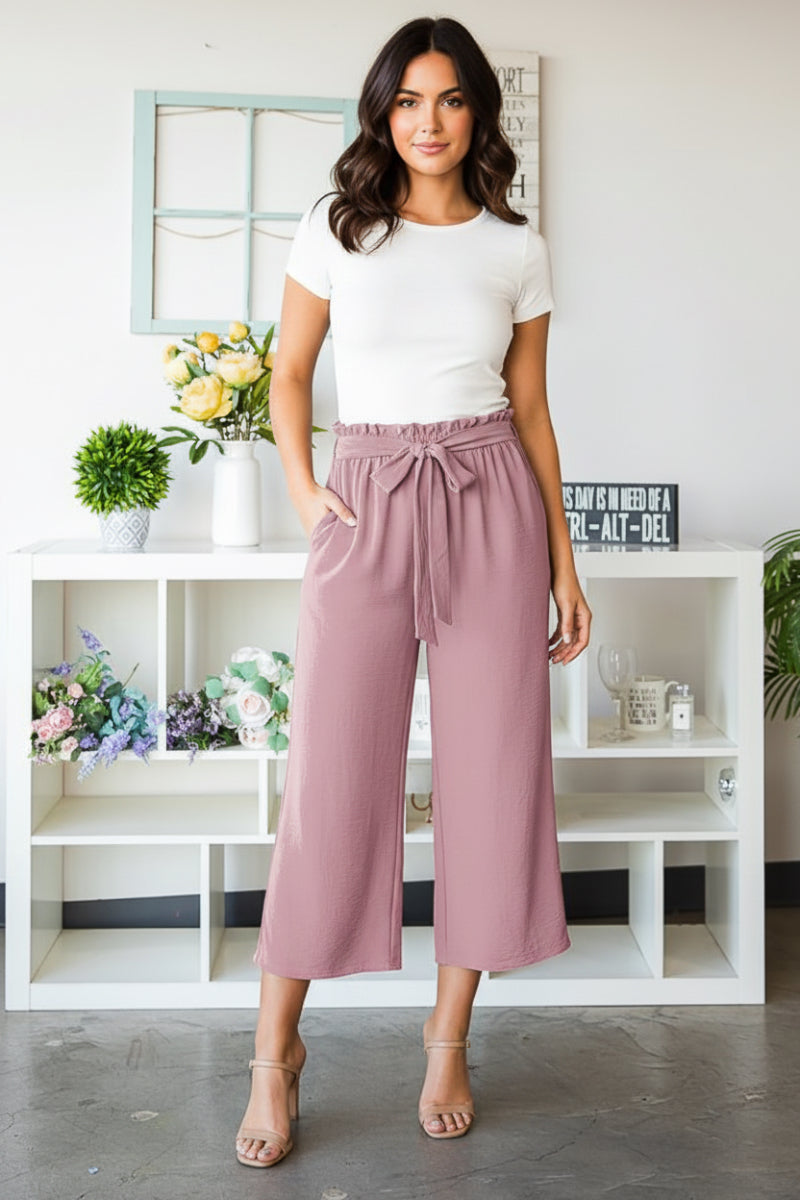 PAPERBAG WAISTBAND SOLID WOVEN CULOTTES PANTS-HMEP6735-10
