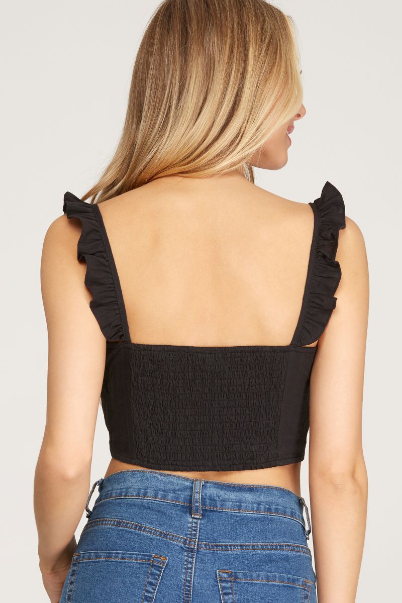 ICE BLUE JACQUARD FRONT-TIE RUFFLED WOVEN COTTON TOP SKSS8705