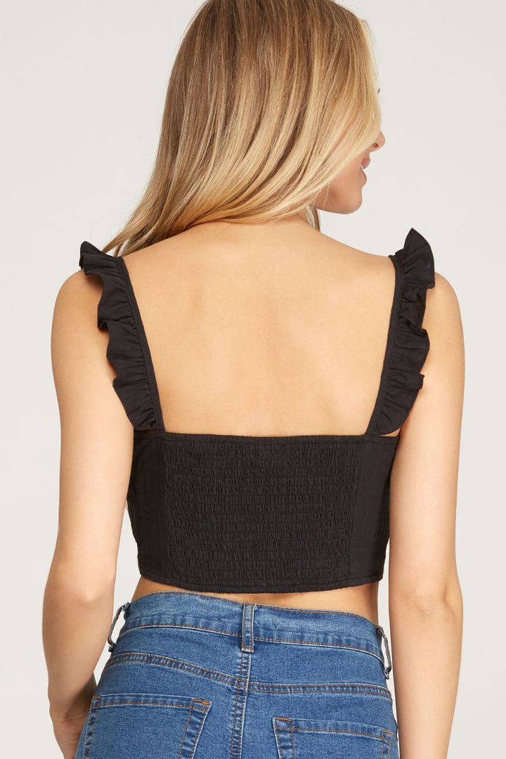 ICE BLUE JACQUARD FRONT-TIE RUFFLED WOVEN COTTON TOP SKSS8705