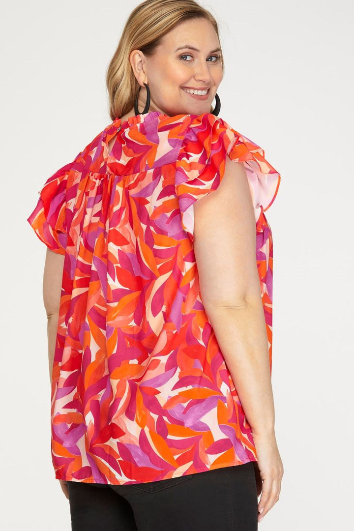 ORANGE YORK PRINT RUFFLE SLEEVES PLEATED PLUS SIZE WOVEN TOP SKPSY6949