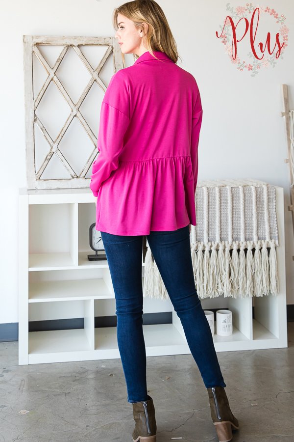 LONG PUFF SLEEVE BASIC COLLAR SOLID BUTTON DOWN JACKET WITH FRONT POCKET AND SHIRRIND DETAIL PLUS SIZE