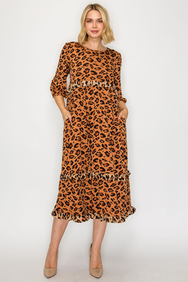 PLUS SIZE TIERED RUFFLE MIDI DRESS WITH SIDE POCKETS