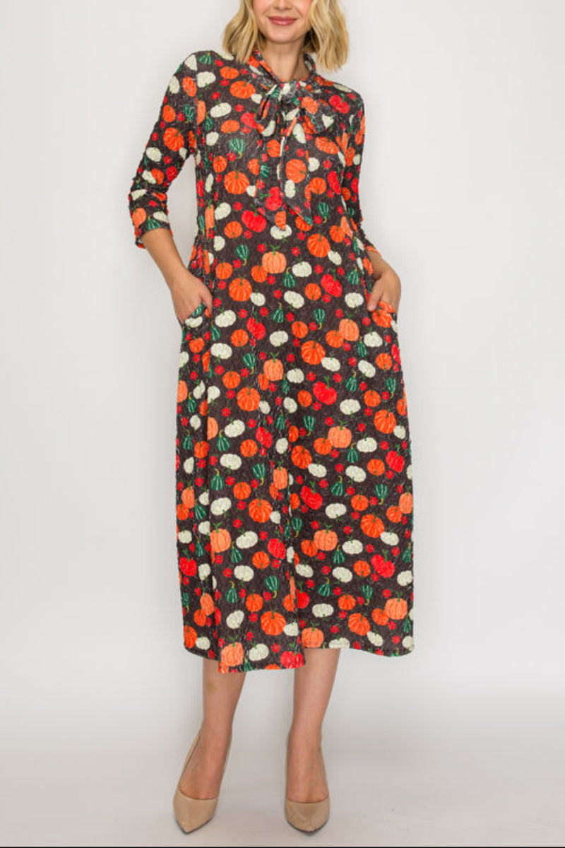 PLUS SIZE TIE-NECK A-LINE MODEST DRESS WITH SIDE POKTES