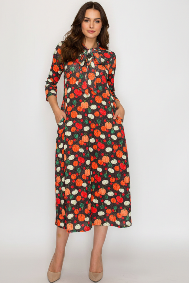 TIE-NECK A-LINE MODEST DRESS WITH SIDE POKTES-SHVL5831-J