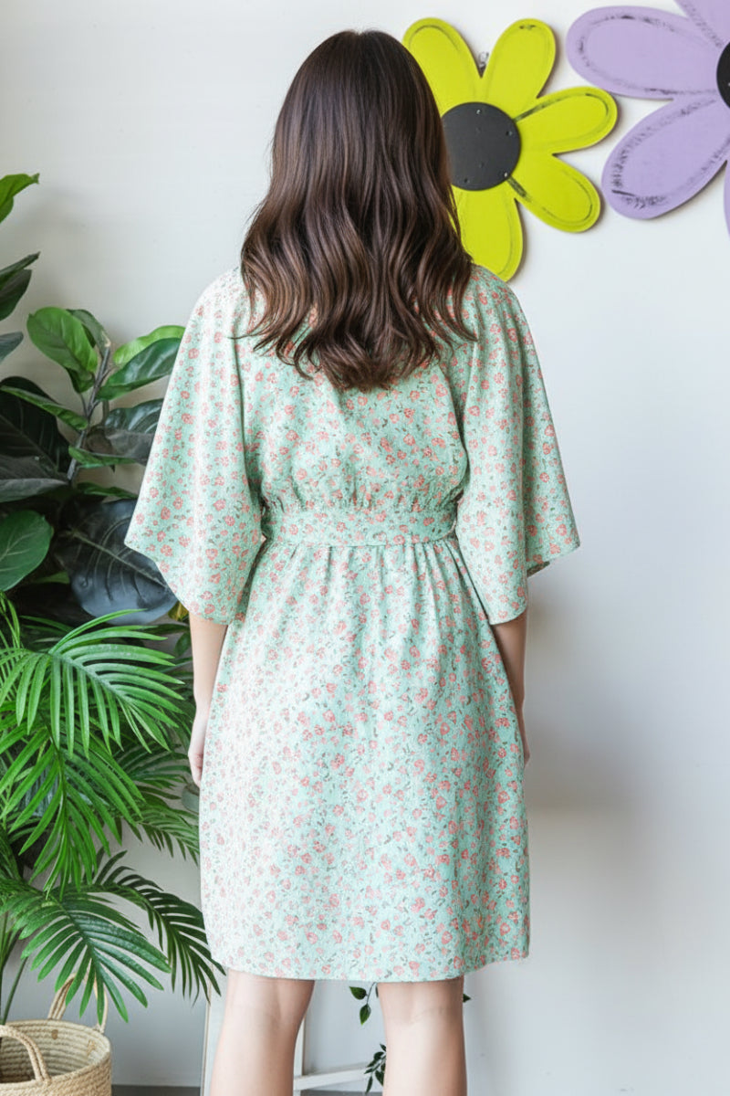 HALF SLEEVE SURPLICE NECKLINE DITSY FLORAL PRINT MINI DRESS-HMED6826-11