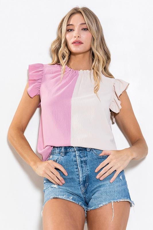 COLOR BLOCK RUFFLE SLEEVELESS GAUZE TOP TT3612NCRSA