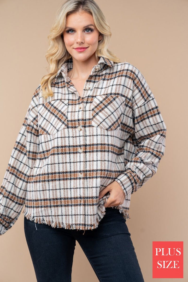 BUTTON DONE PLUS SIZE PLAID WOVEN SHACKET