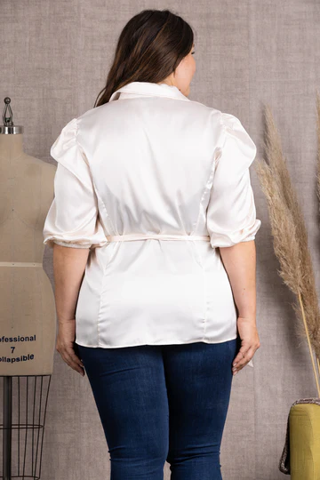SATIN COLLARED TIE WAIST PLUS SIZE TOP