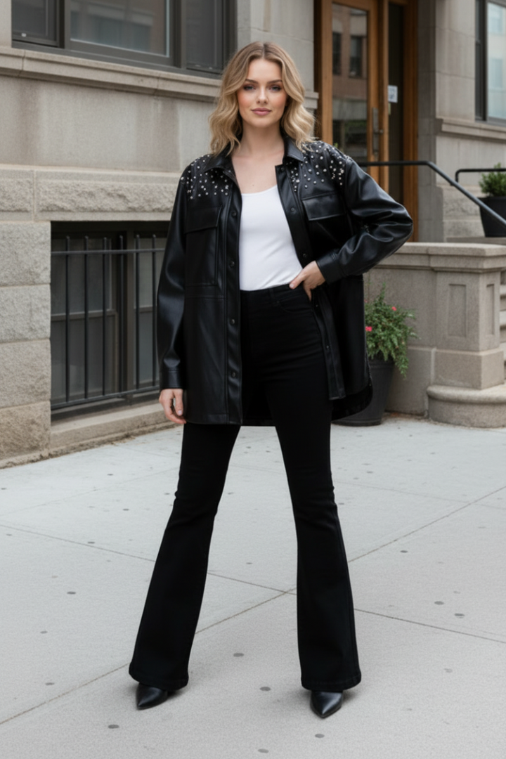 BLACK AND RHINESTONE LONG SLEEVE PU JACKET-WBT10871XL