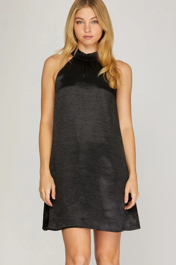 CHAMPAGNE SMOCKED MOCK NECK SATIN MINI DRESS SKSY5088