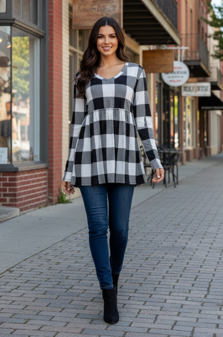 LONG SLEEVE V NECK PLAID PRINT TOP WITH RUFFLED DETAIL HMST2091