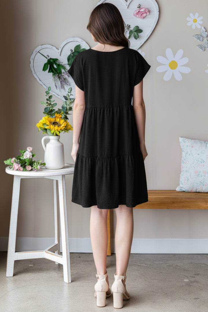 PLUS SIZE DOLMAN SHORT SLEEVE V NECK SOLID TIERED MINI DRESS*