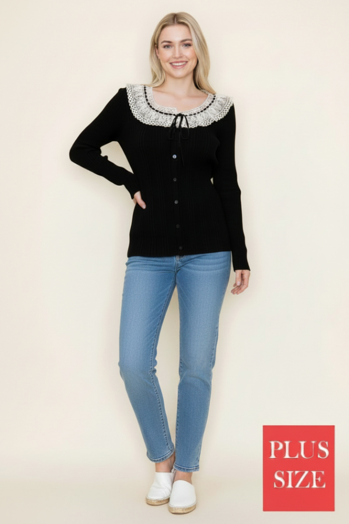 PLUS SIZE BLACK LONG SLEEVE LACE YOKE DETAIL TOP