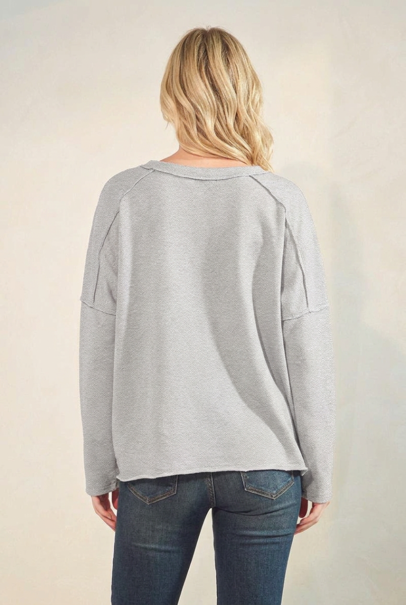 LONG SLEEVE ROUND NECK SOLID CUTTON FRENCH TERRY TOP-HMET7690-14
