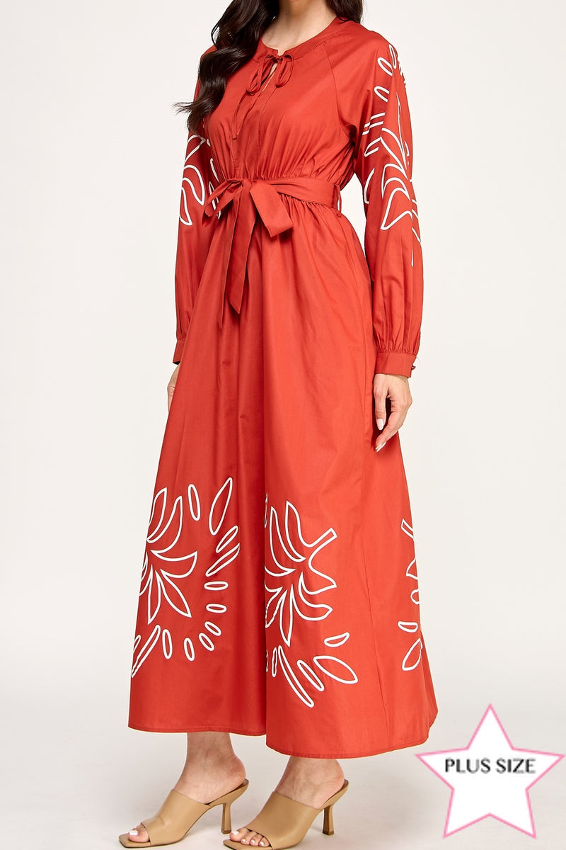 LONG SEEVE PLUS SIZE MAXI EMBROIDERED DRESS