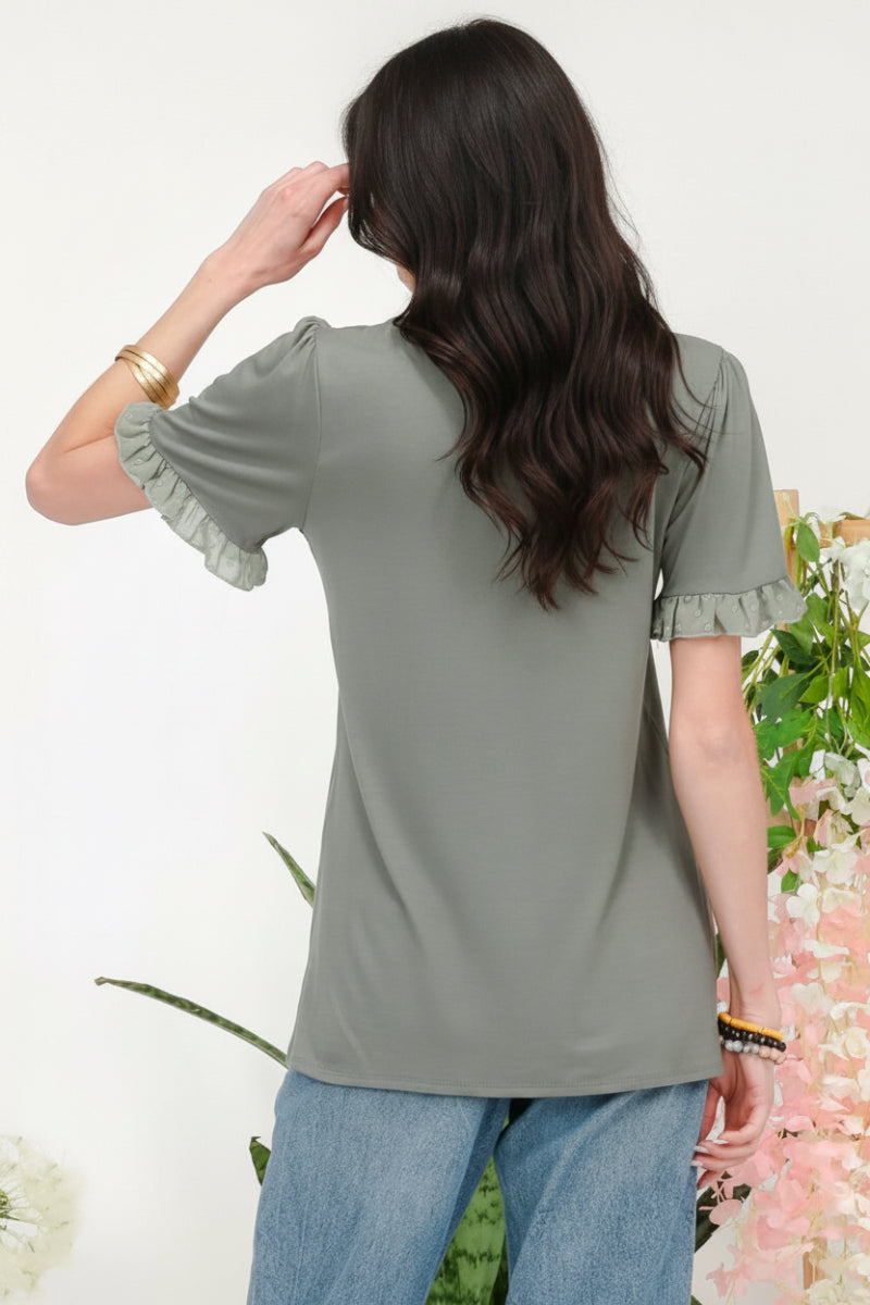 SOLID TOP WITH RUFFLE CHIFFON SLEEVE DETAIL-CLCT43791