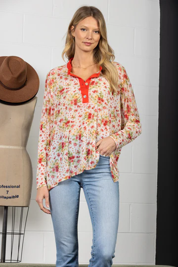 BURGUNDY MANDARIN COLLAR SILHOUETTE TOP-T7538