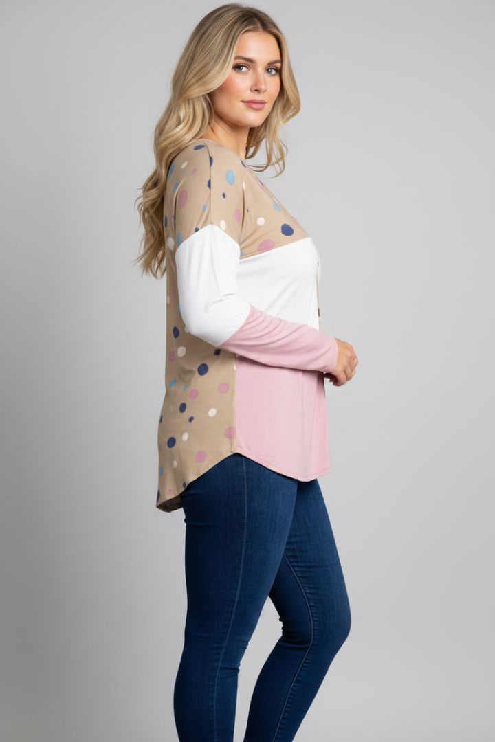 POLKADOT COLOR BLOCK BUTTON DOWN PLUS SIZE SWEATER-CT43590DX-