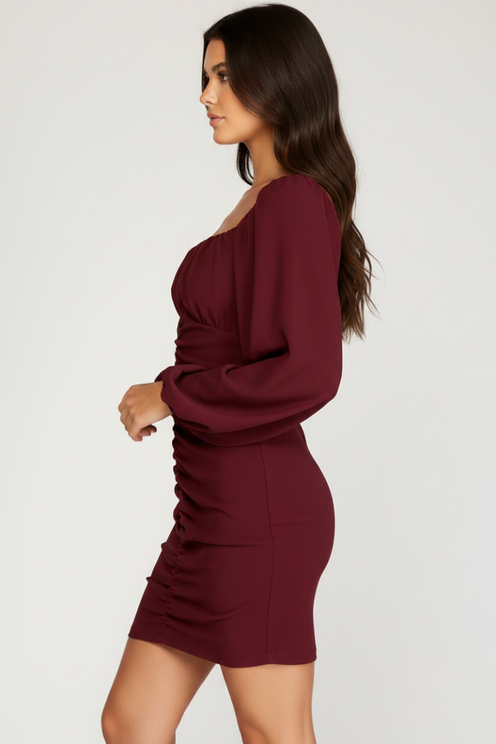BLACK TEXTURED RUCHED SKIRT FRONT DETAIL KNIT MINI DRESS SKSS8521.