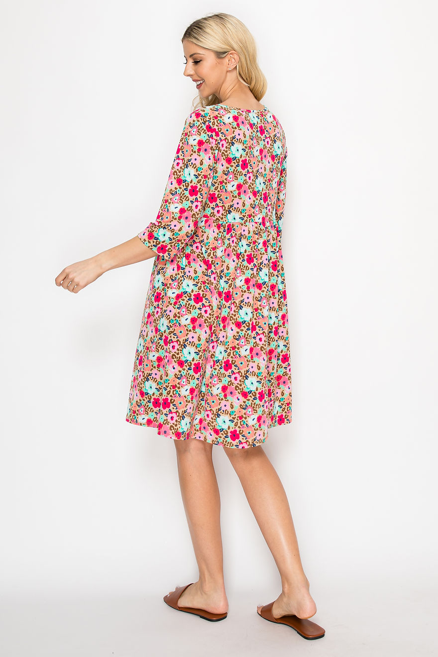 MULTI PRINT SQUARE-NECK PLUS SIZE DRESS WITH SIDE POCKETS