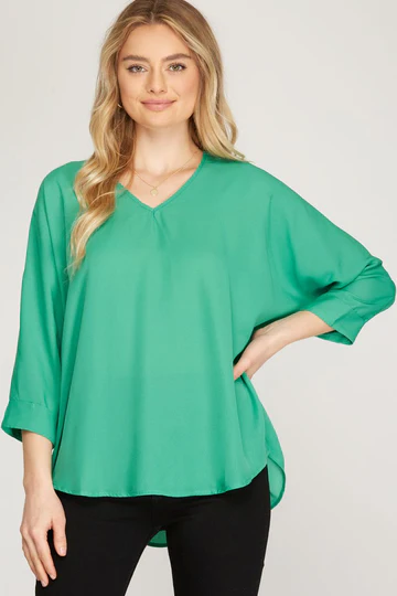 V-NECK 3/4 SLEEVES WOVEN TOP SKSS9887