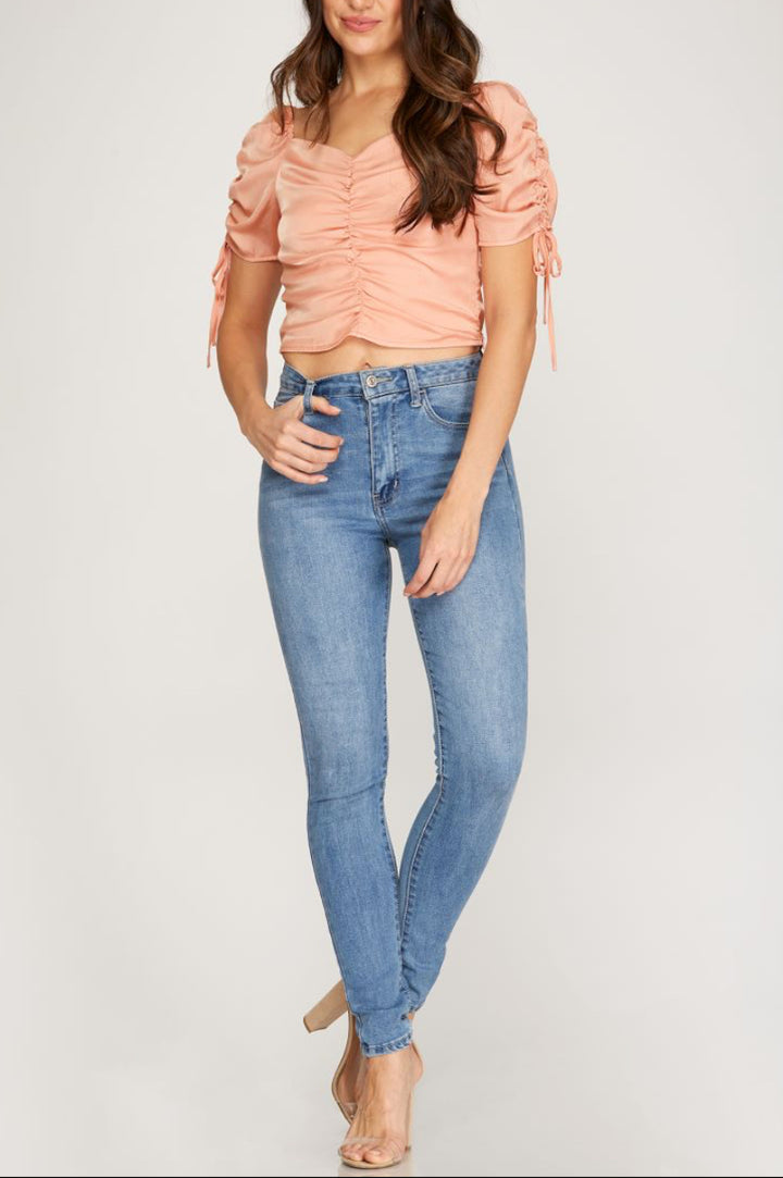 SHORT RUCHED SLEEVES FRONT SHIRRED SIDE ZIP CROP TOP SKSS9262