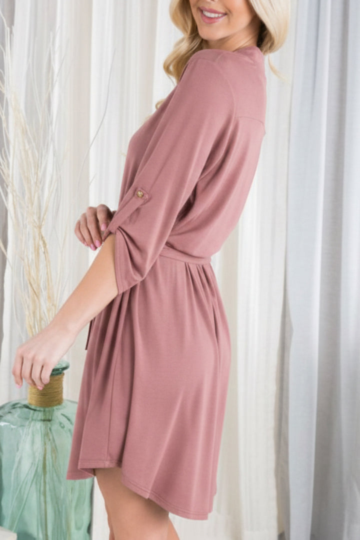 BUTTON SLEEVE MANDARIN COLLAR SOLID MINI DRESSHMED6111S