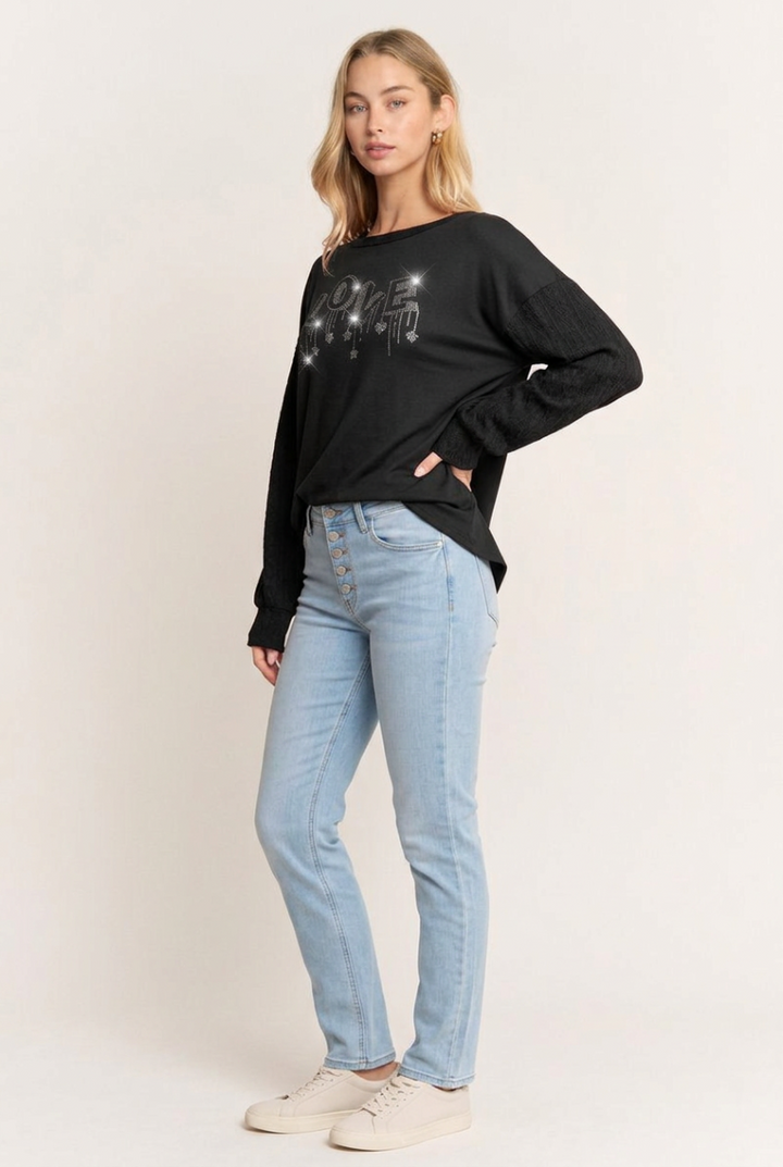 ROUND NECK SOLID TOP WITH HEART RHINESTONE HMET7706