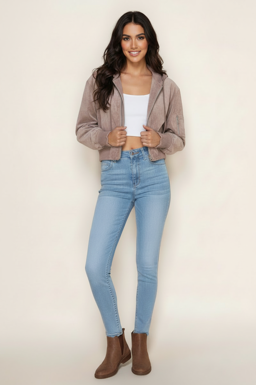 LONG SLEEVE FRONT ZIP-UP SOLID SUEDE JACKT-WBT11137XL