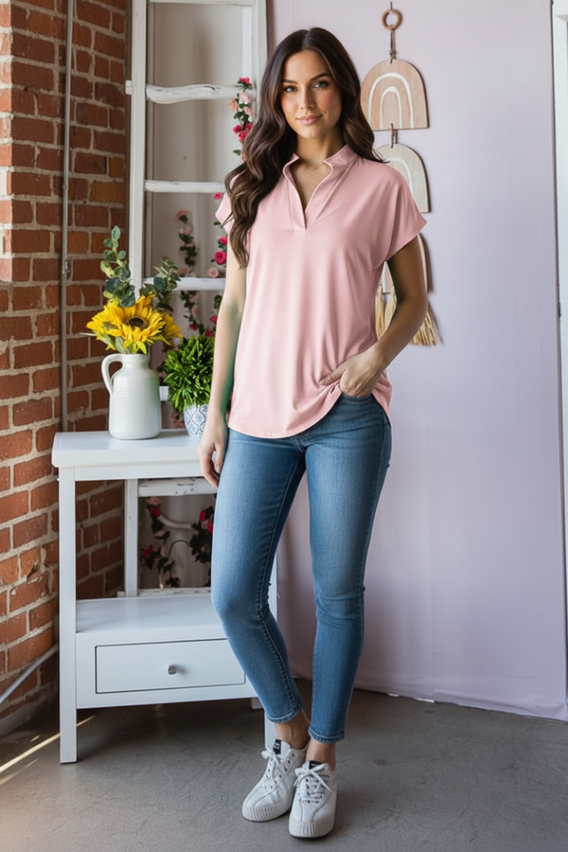 SHORT SLEEVE BASIC MANDARIN COLLAR NECK SOLID TOP-HMET7033S