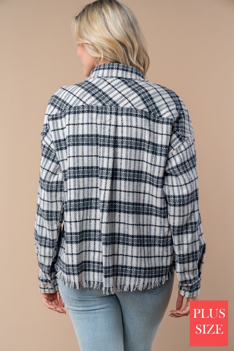 BUTTON DONE PLUS SIZE PLAID WOVEN SHACKET