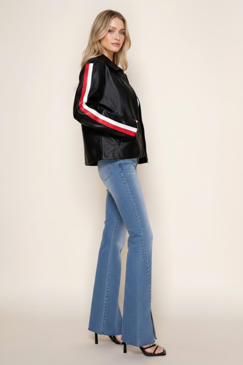 BLACK PU LEATHER JACKET WHIT FRONT ZIP-UP-WBT11052XL