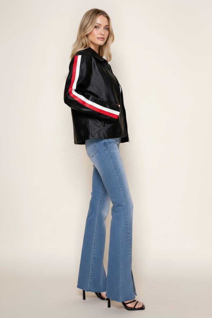 BLACK PU LEATHER JACKET WHIT FRONT ZIP-UP-WBT11052XL