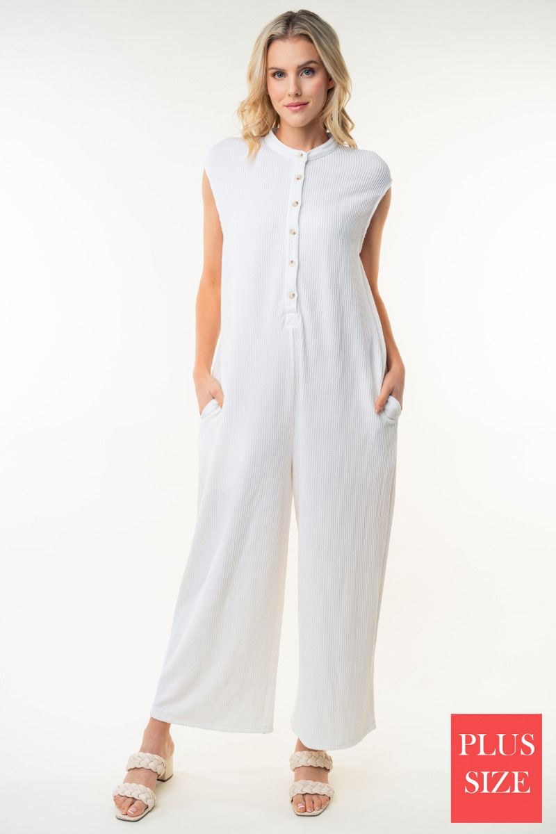 SLEEVELESS SOLID KNITE PLUS SIZE JUMPSUIT WITT HALF BUTTON UP