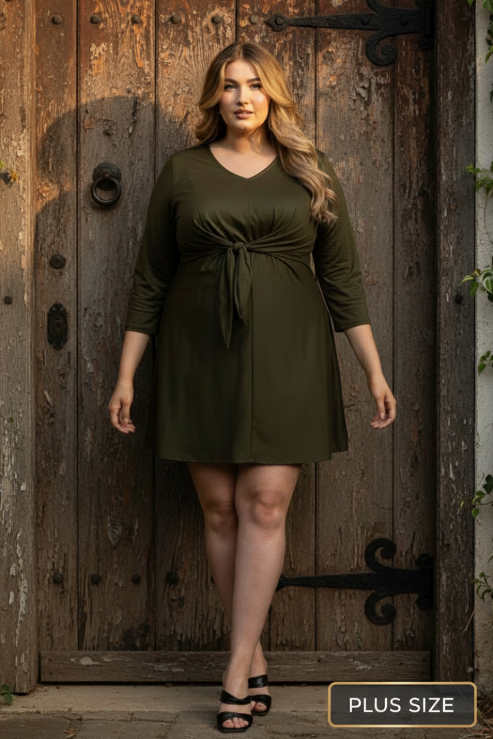 SELF-TIE FRONT LONG SLEEVES PLUS SIZE MINI DRESS D1060