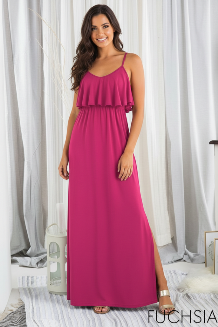 RUFFLED SLEEVELESS SOLID PLUS MAXI DRESS-HMED5008S