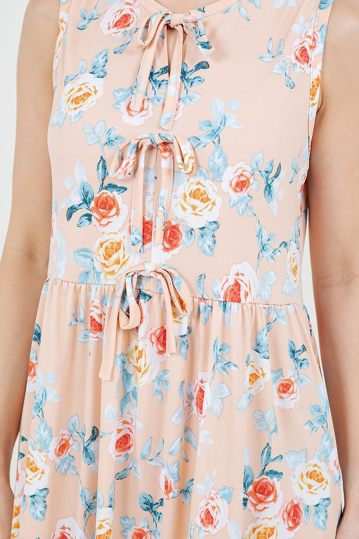 FRONT TIE BOW TANK PLUS SIZE TUNIC DRESS WITH SIDE POCKTES