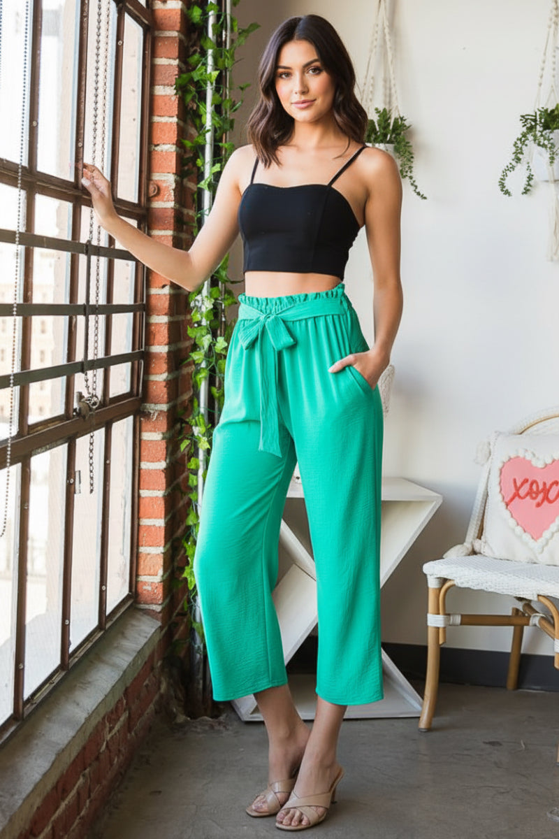 PAPERBAG WAISTBAND SOLID WOVEN CULOTTES PANTS-HMEP6735-10