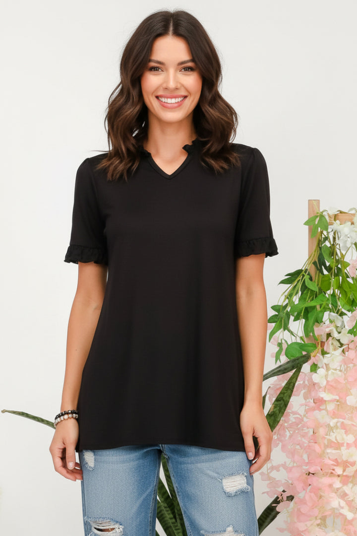 SOLID TOP WITH RUFFLE CHIFFON SLEEVE DETAIL-CLCT43791
