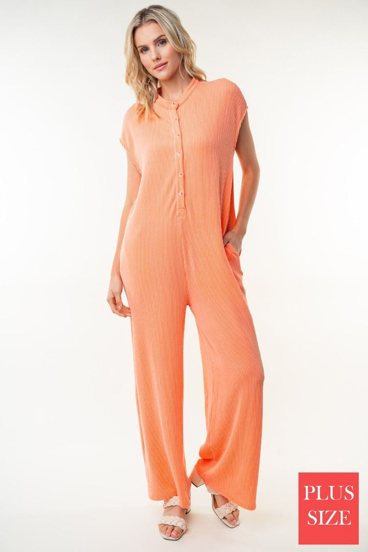 SLEEVELESS SOLID KNITE PLUS SIZE JUMPSUIT WITT HALF BUTTON UP