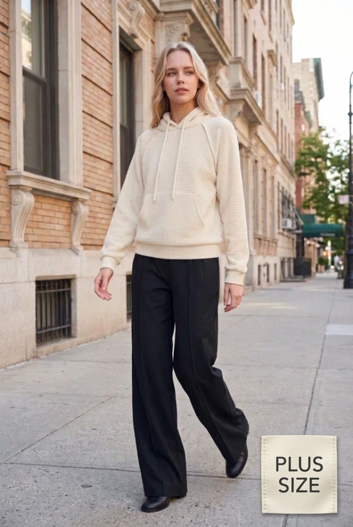 DRAWSTRING HOOD SOLID JACQUARD KNIT HOODIE TOP HMET7665